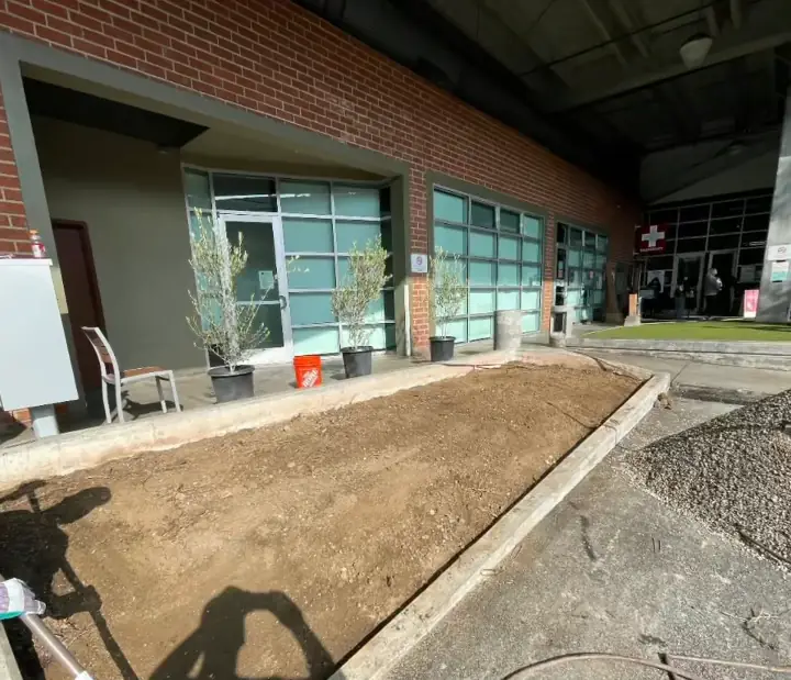Planter bed at a commercial entrance before work: bare, uneven dirt